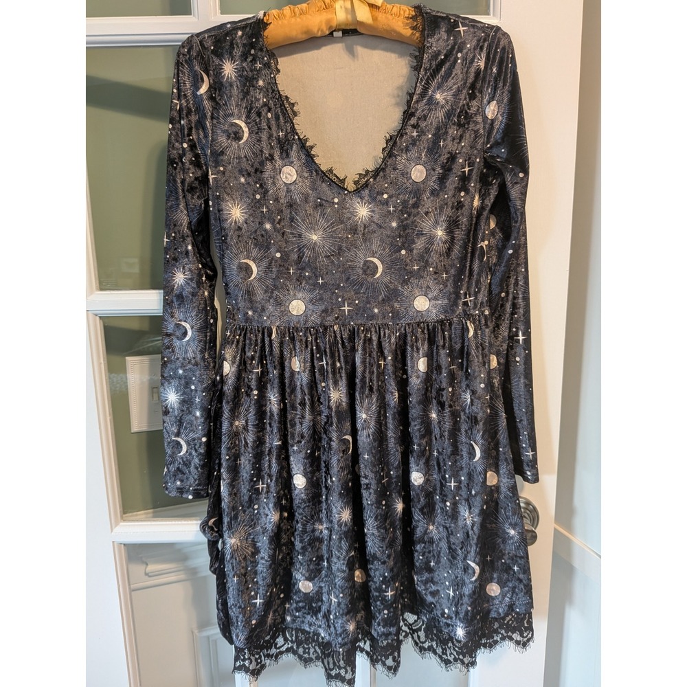 Celestial Velvet Lace Trim Mini Dress Long Sleeve Moon Star Sunburst Black M